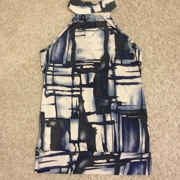 Blue & white tank top, tie neck & banded bottom