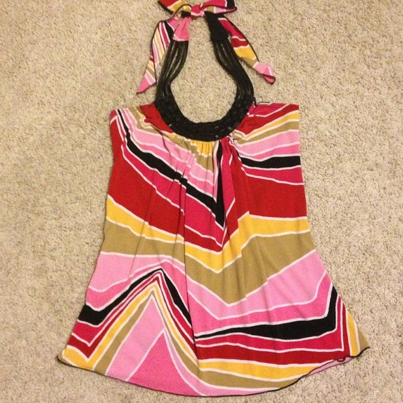 Medium, colorful, beaded and tie neck top