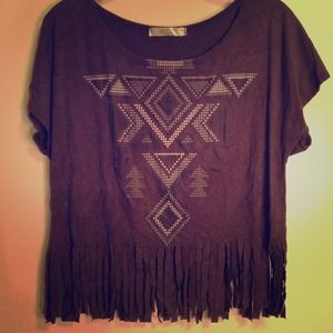 Faux suede tribal print fringe crop top