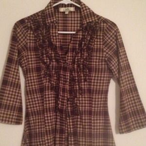 Brown and beige plaid, ruffle front button up.