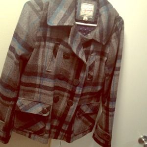 Grey with light/dark blue striped peacoat