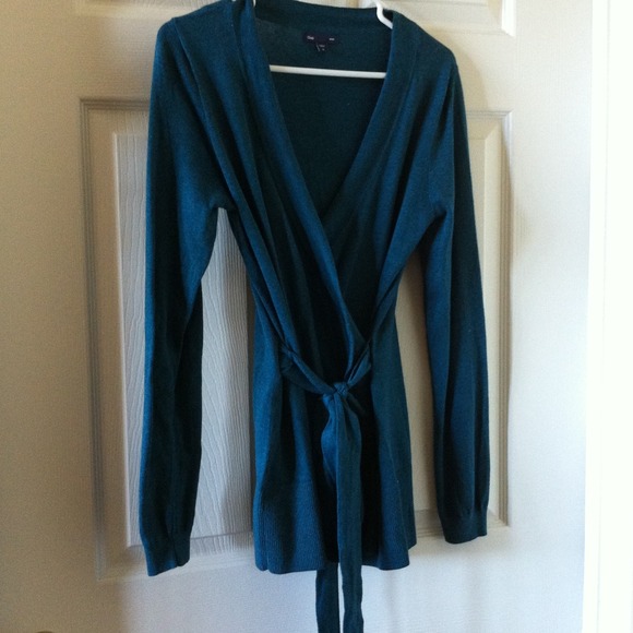 Teal wrap sweater.