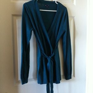 Teal wrap sweater.