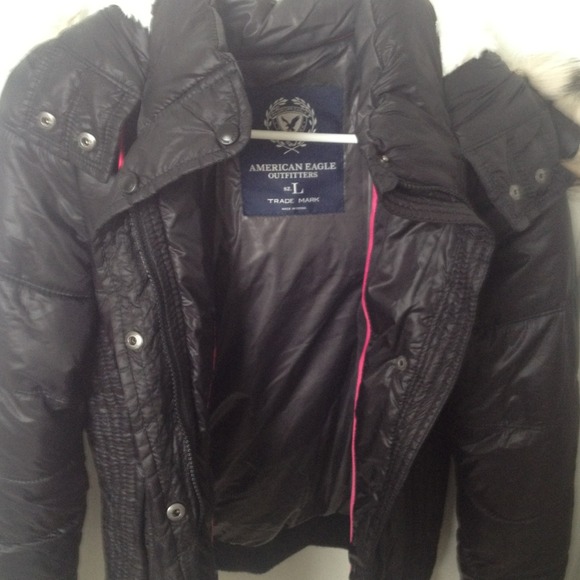 Black puffer coat with removable fur accent