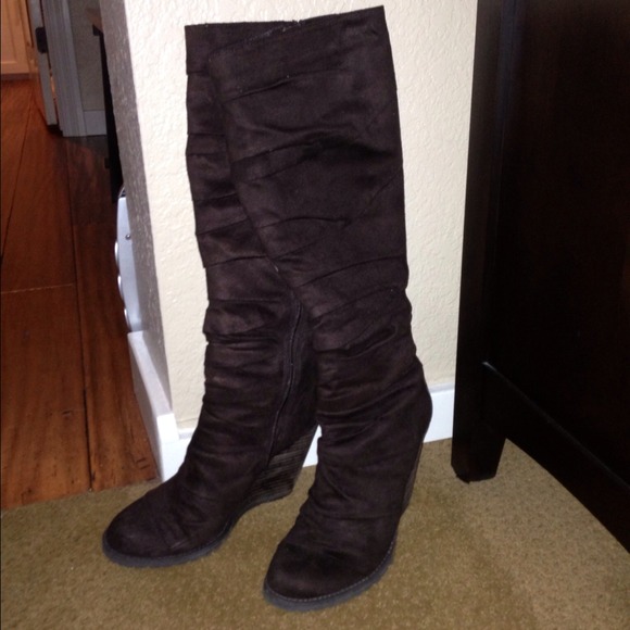 Tall brown faux suede boots with wedge heel