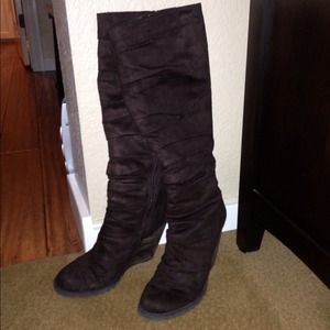 Tall brown faux suede boots with wedge heel