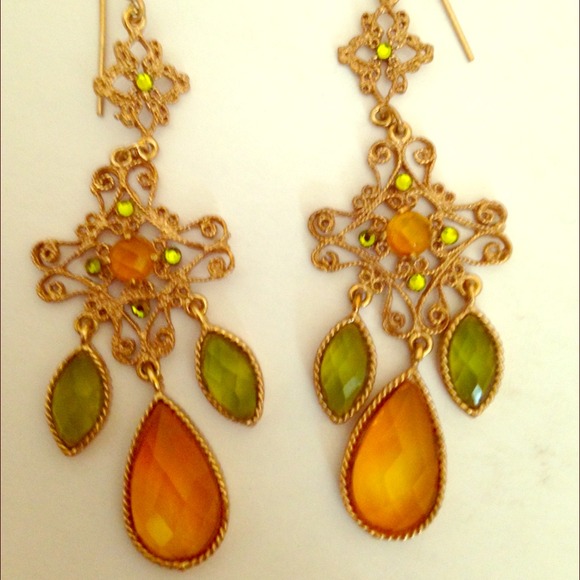 Gold chandelier earrings with yellow & green stone