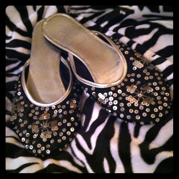 Black and silver, sparkely, slip on backless flats