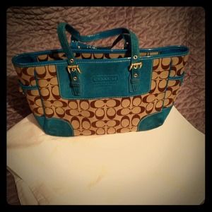 Coach teal & tan signature purse with brass