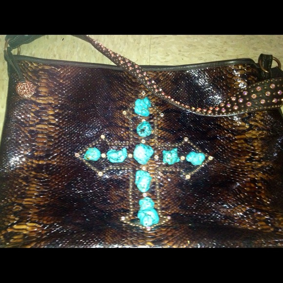 Large snake skin tote w/ turquoise & rhinestones