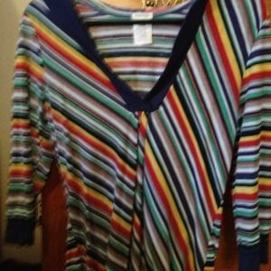 Cute strip top. Blue yellow green red with a hood.