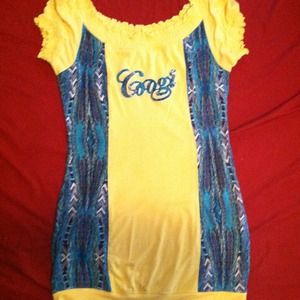Bright yellow Coogi  off the shoulders dress