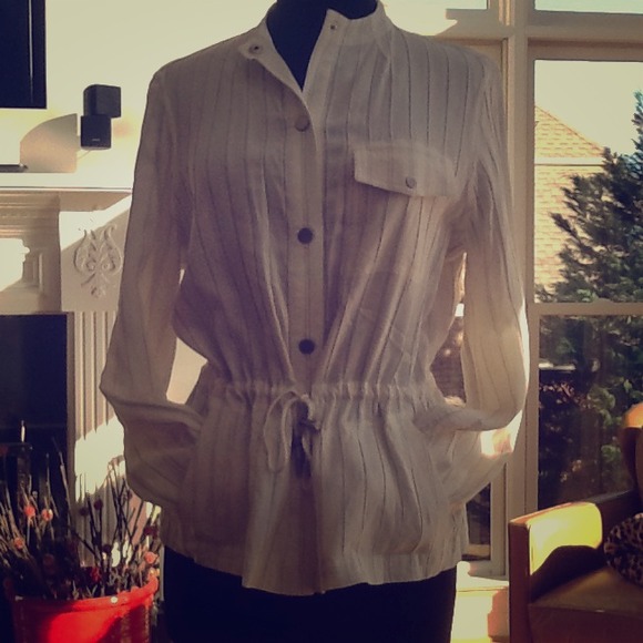 White and grey stripped button up top