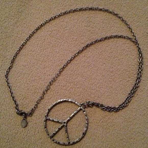 Sliver long chain peace sign necklace