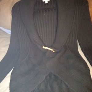 So sharp black cardigan longer in back pin detail