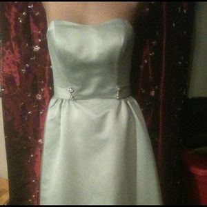 Soft Sage Satin Cocktail Dress rhinestones 7/8