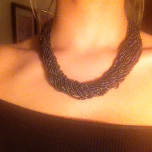 Navy blue metallic bead necklace.