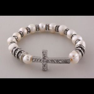 Antique silver cross bracelet with cream pearls