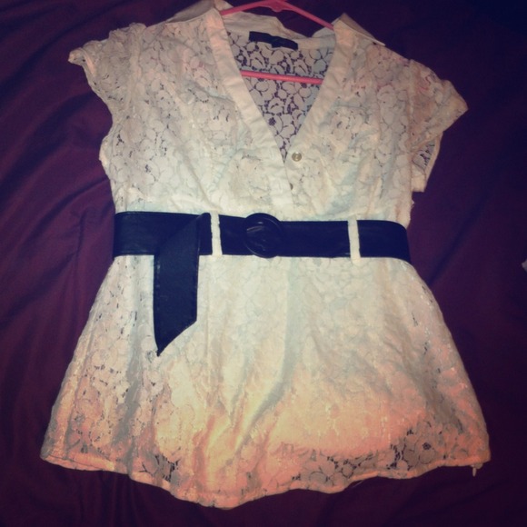 Cream lace blouse with white silk under tank top.