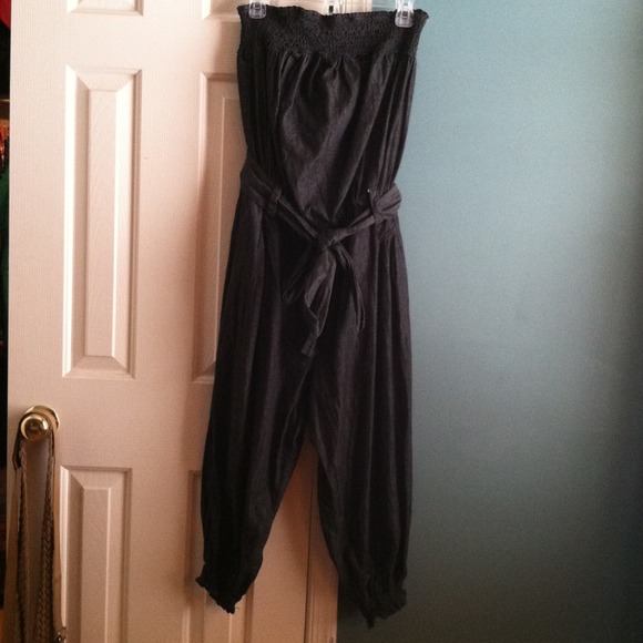 Strapless , denim jumpsuit.