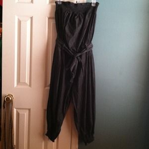 Strapless , denim jumpsuit.