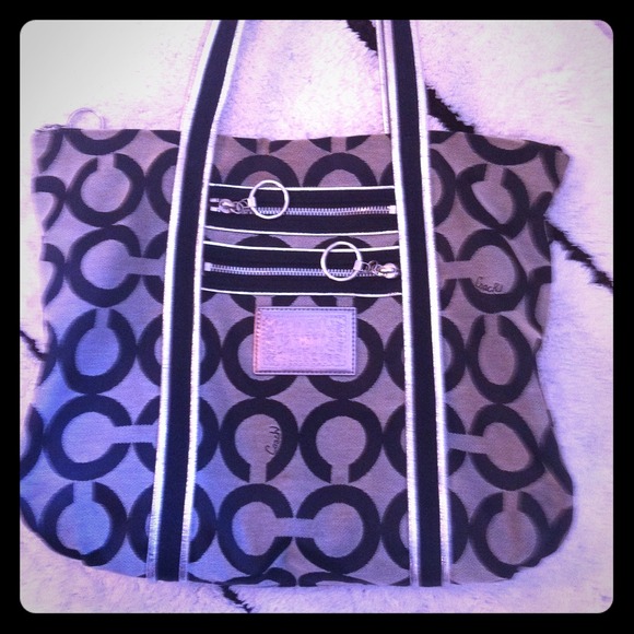 Silver and black oversize coach poppy shoulder bag
