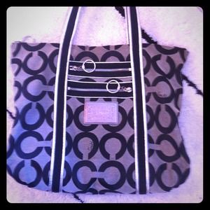 Silver and black oversize coach poppy shoulder bag