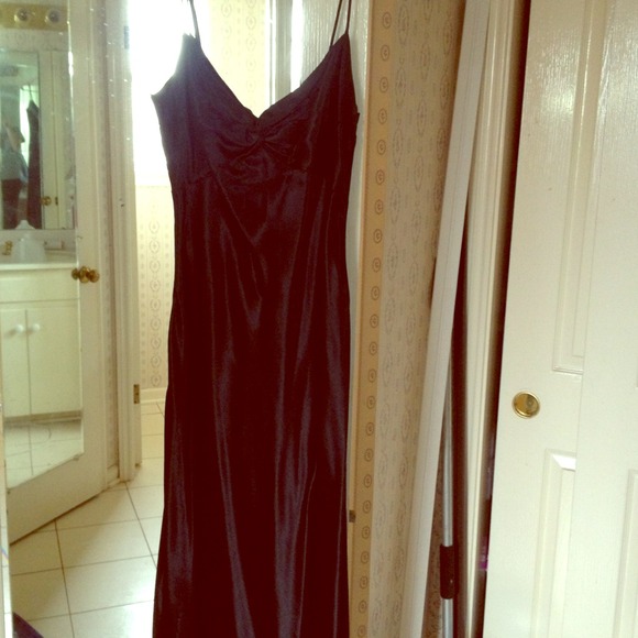 Black silk evening gown with back cutout