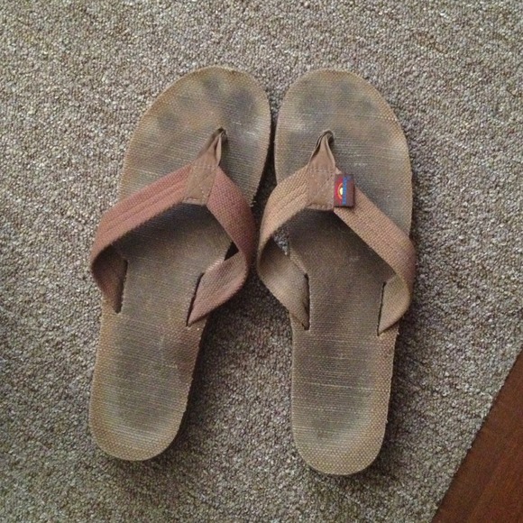 Old brown canvas rainbow sandals, worn