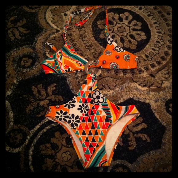 Sexy monokini. Small. Orange retro print
