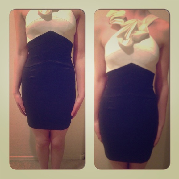 White and black knee length one shoulder dress