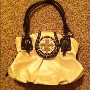 Creme/Brown Jeweled Fleur De Lis Purse