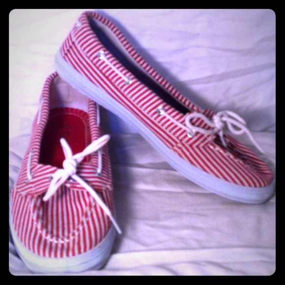 Women's red & white striped boat shoes