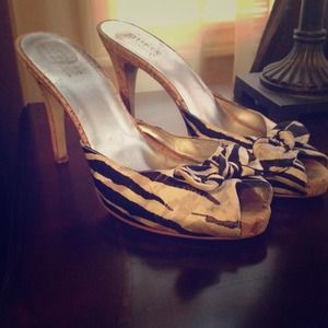 Guess cork and zebra peep toe bow heel sandals