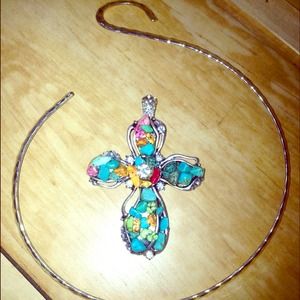 Cross necklace with multi colored stones