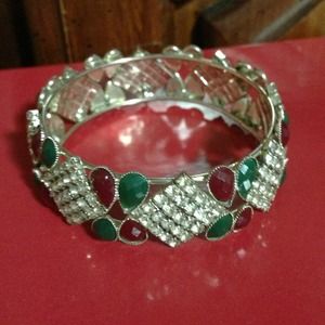 Rhinestone Bangle with green & burgundy enamel
