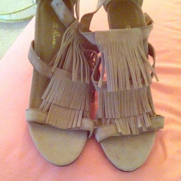 Tan suede fringe sandals
