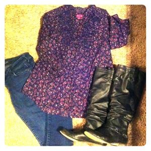 Black floral button up top