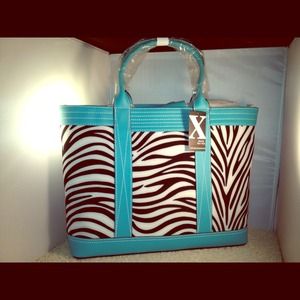 MAXX Tote- Zebra print with teal leather handles
