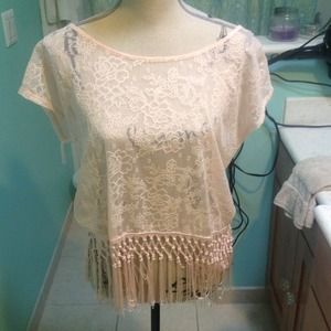 Light pink floral see through box top with fringe