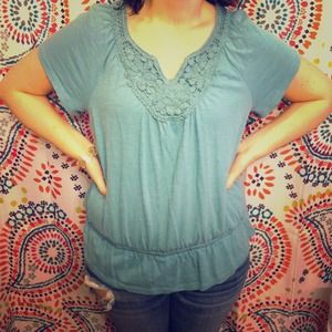 Cute muted teal shirt with woven collar