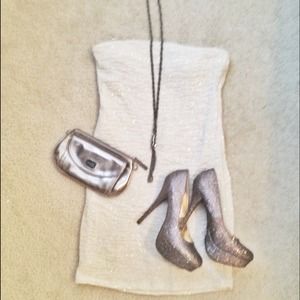 Off-white w/ silver glitter strapless dress