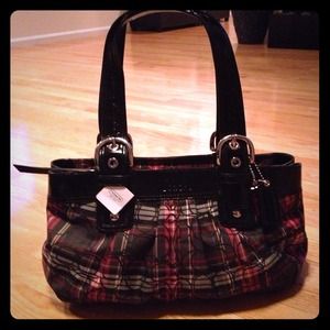 Plaid Coach Purse black patten leather handles