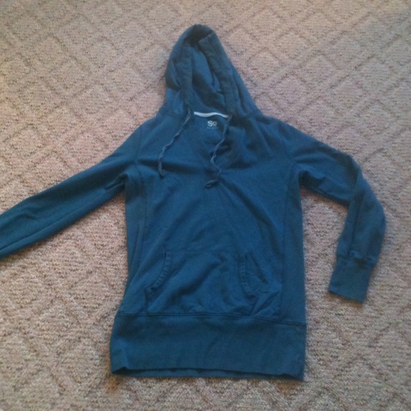 Dark teal v neck pullover hoodie - Picture 1 of 3