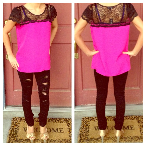 Express Tops - Express hot pink loose fit lace top NWT
