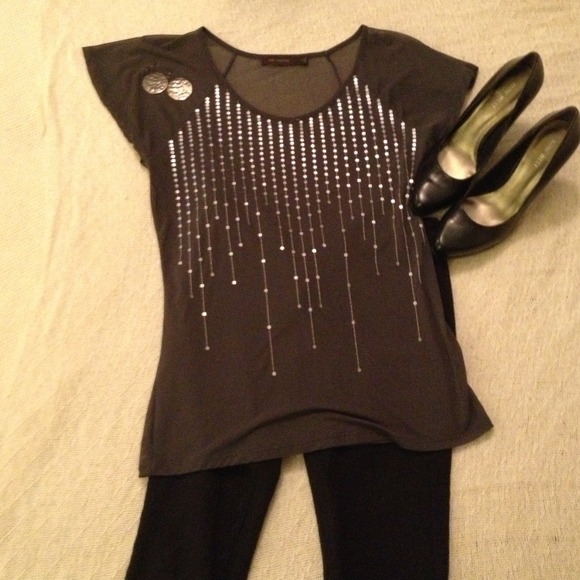 Dark grey and sequenced, nylon top. Size small.