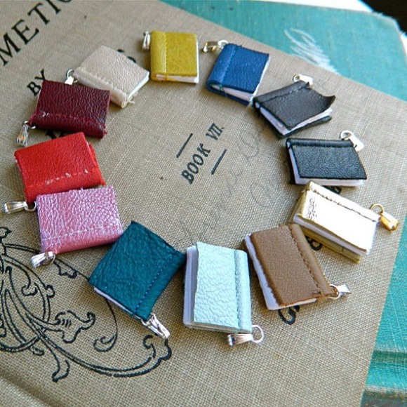 Tiny leather bound book necklace