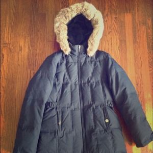 REDUCED Navy blue fur trim hooded coat
