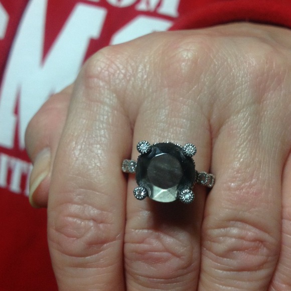 Diamonique and dark gray faceted stone ring.