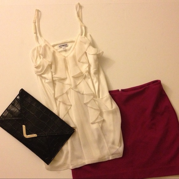 Express Tops - White Ruffle Front Top